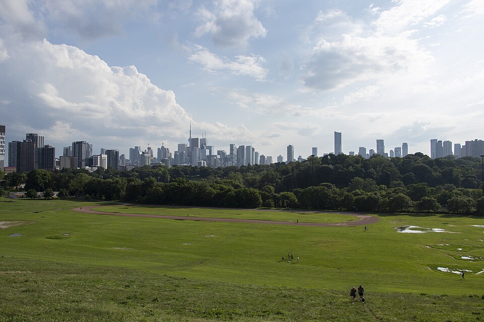 a vast, flat greenspace in the foreground, dotted with people and Toronto's skyline in the background, separated by a barrier of thick forest