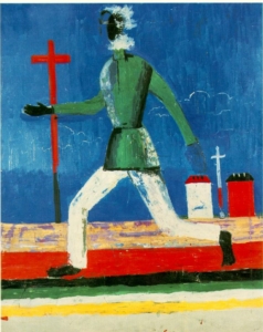 painting of a man running, wihth a red cross in the background
