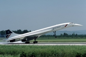 image of a British Airways Concorde jet landing.
