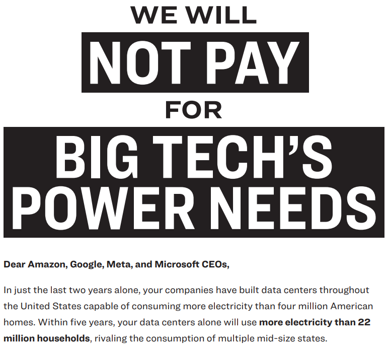 An excerpt from an open letter published by Sierra Club June 29, 2025 in the San Francisco Chronicle and Seattle Times calling Amazon, Google, Meta, and Microsoft CEOs. The headline reads: “We will not pay for Big Tech’s power needs”.
