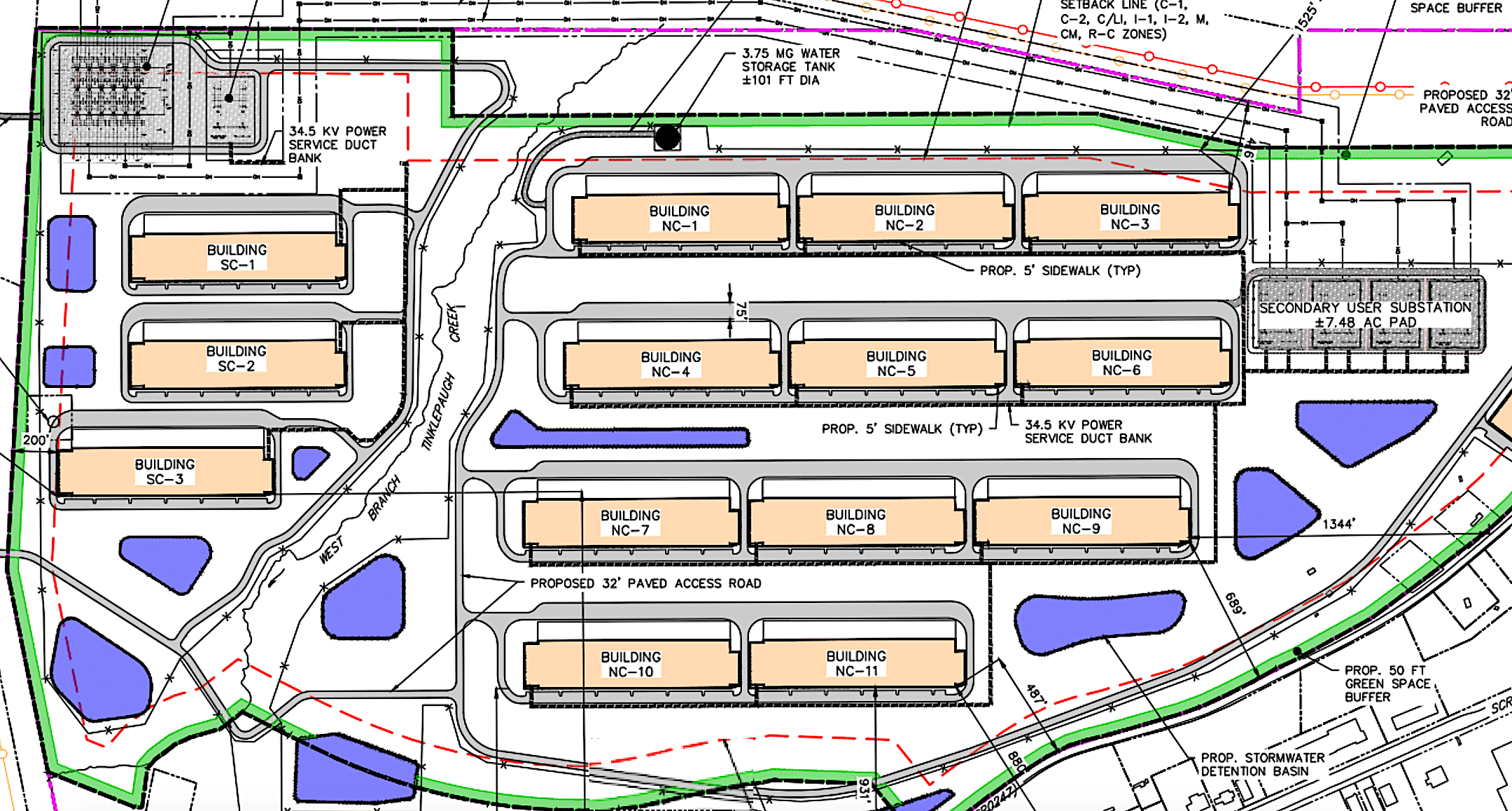 a blueprint showing 14 buildings plus additional infrastructure