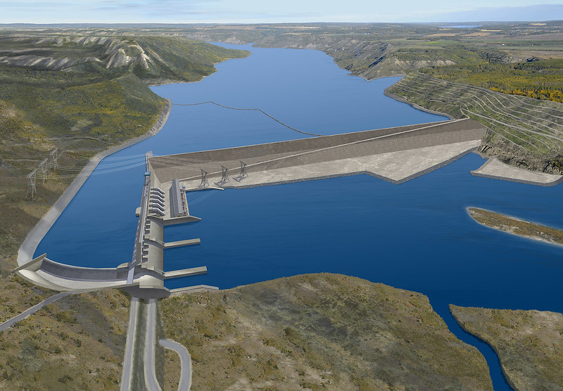 An artist rendering of a huge dam across a water body, with mountains in the distance.