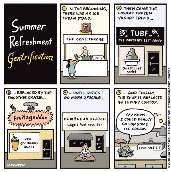 A comic strip illustrating an ice cream stand that is converted to a frozen yogurt shop, then to a smoothie shop, then to a kombucha bar, then to luxury condos.