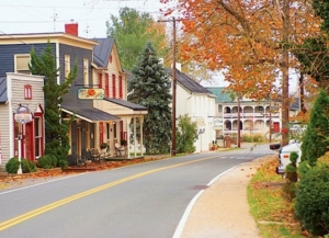 View down Main Street in Sperryville, VA, with houses on one side of the street