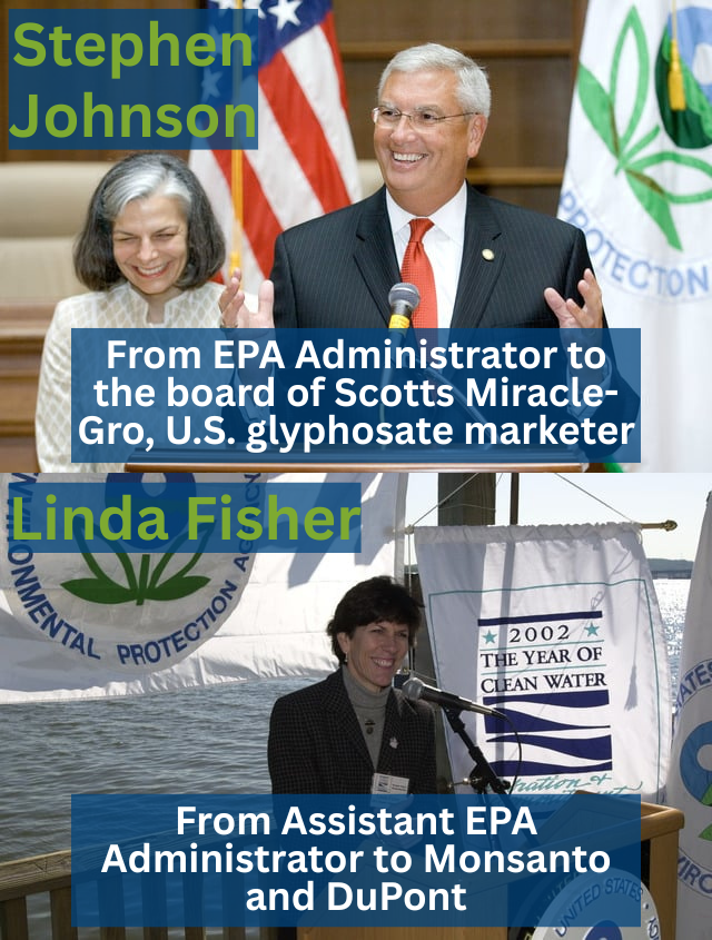 Top: Stephen Johnson smiles and gestures at a podium, with a laughing delegate and the U.S. and EPA flags behind him. Bottom: Linda Fisher smiles at a podium, with the EPA flag and a body of water behind her.