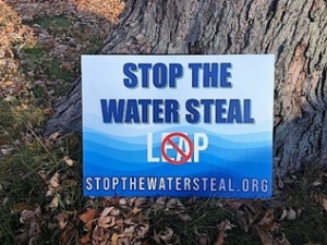 Lawn sign, in shades of blue, that reads "Stop the Steal" and has a slash through the LEAP project name.