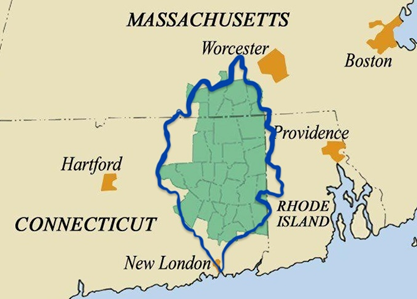 States in the image: Connecticut, Massachusetts, and Rhode Island. Towns listed: Hartford, New London, Providence, Worcester, and Boston.