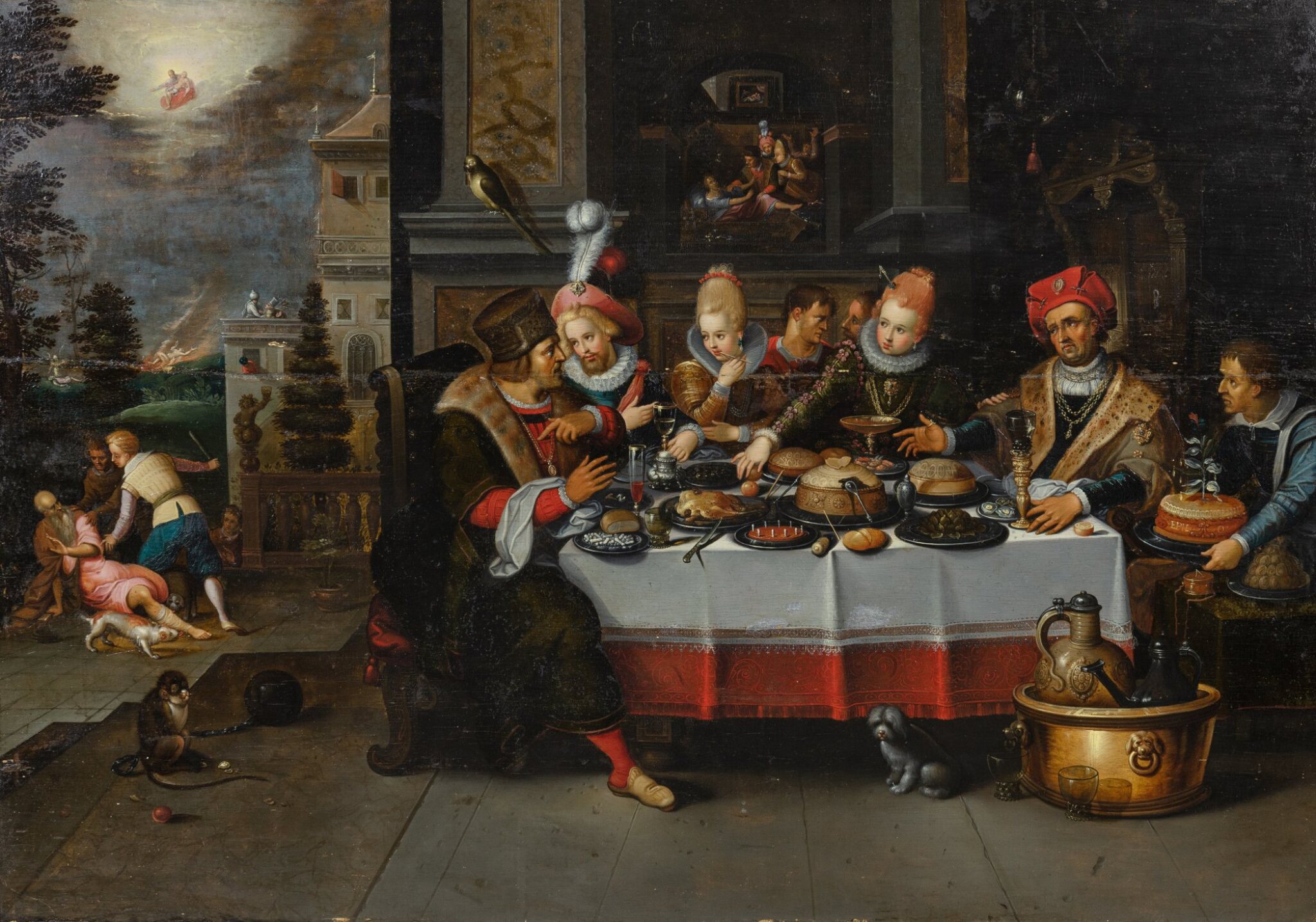 Wealthy people enjoy a lavish feast while a poor and diseased man (Lazarus) begs at the periphery.