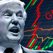 Close-up of Trump's face, talking, with a grid in the background with various charts.