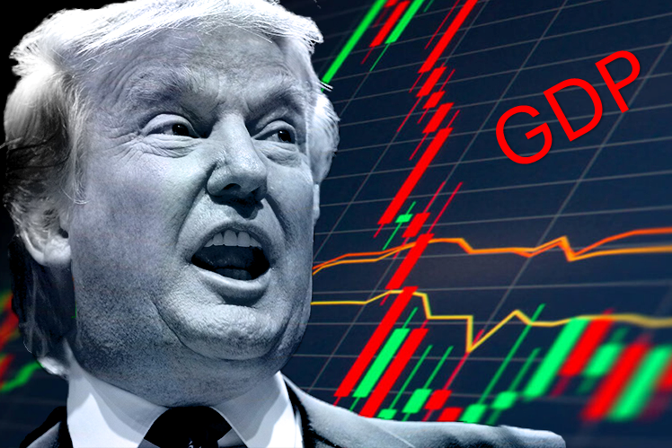 Close-up of Trump's face, talking, with a grid in the background with various charts.