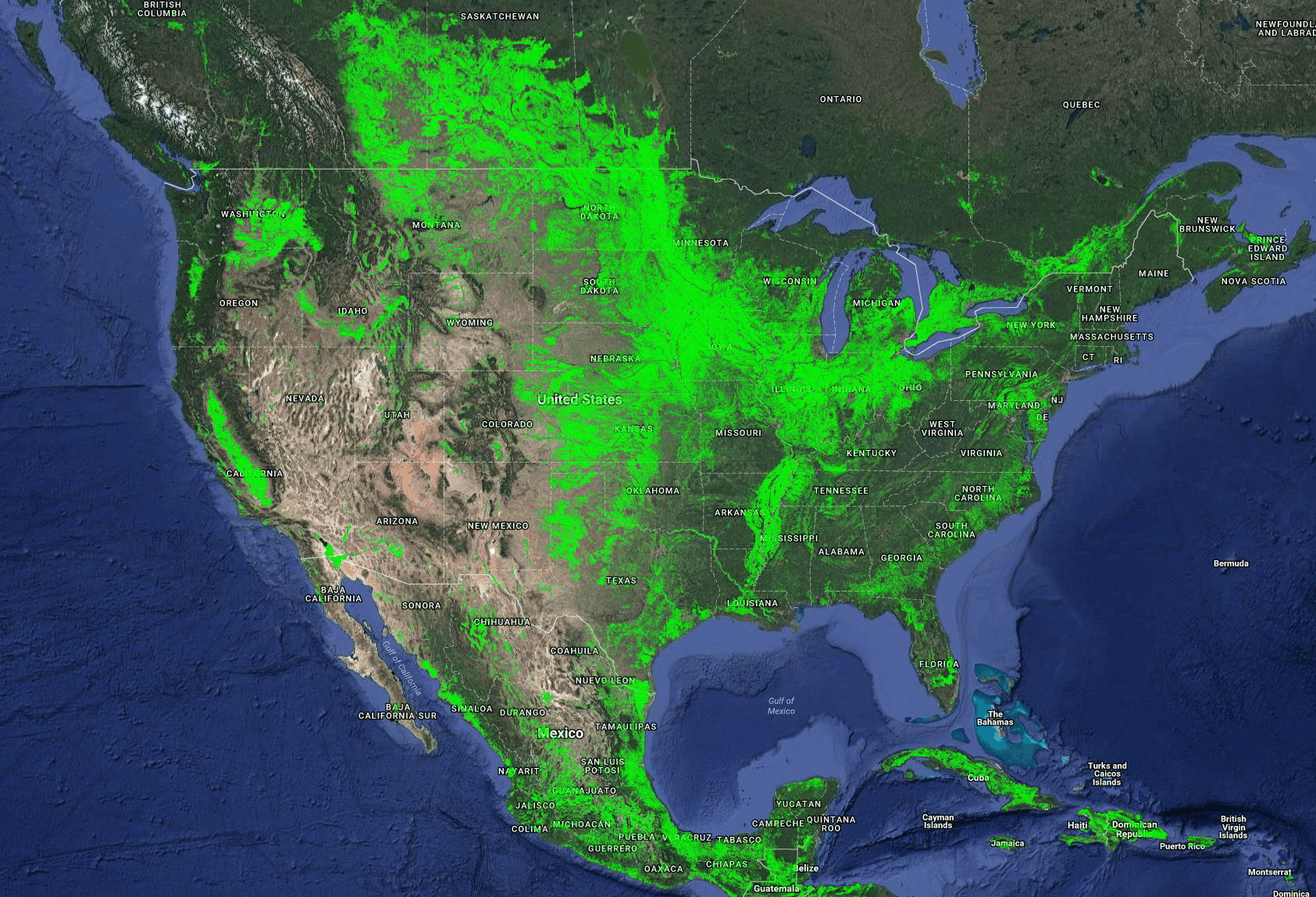 a map of southern Canada, the United States, and Mexico, showing large swaths of cropland, especially in the U.S. midwest
