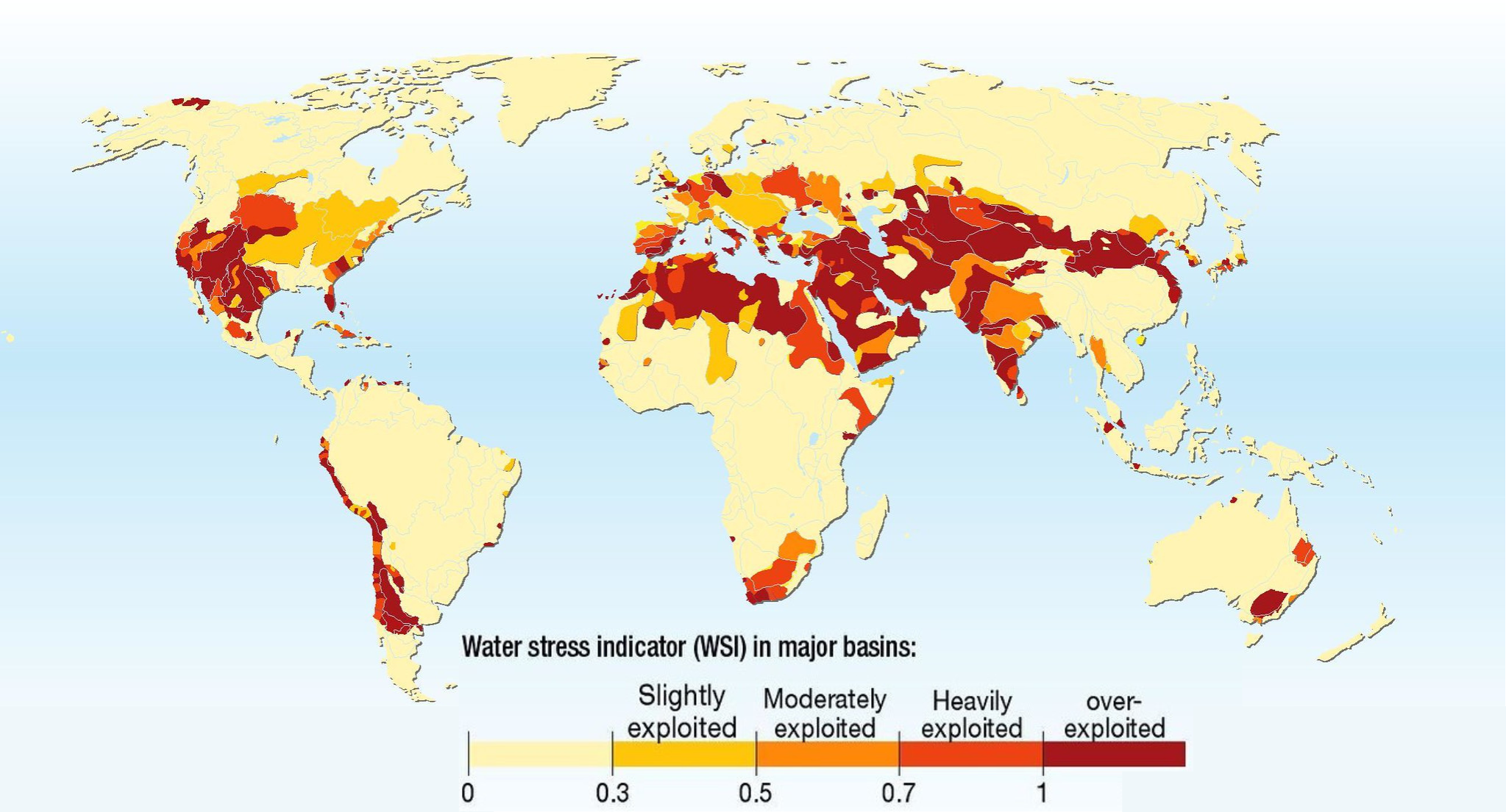 A map showing that water is over-exploited in much of the US and Mexico, Western South America, Northern Africa, the Middle East, and South Asia.