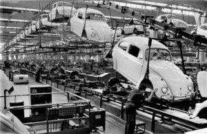 VWs on an assembly line.