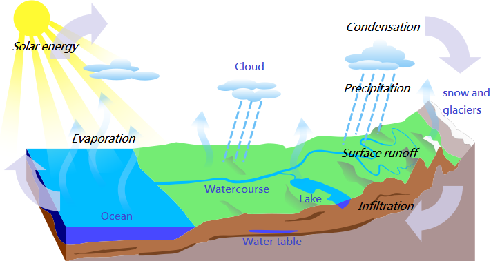 A standard water-cycle illustration, depicting water flowing circularly from evaporation to condensation to precipitation to infiltration.