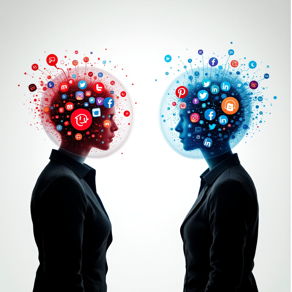 Two people stand facing each other; one with a red-tinted bubble around their head and the other with a blue-tinted one. Both bubbles are full of social media logos of various sizes.