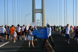 Line 9 activists join the fight against Line 5 at the annual Mackinac Bridge Walk. (Michigan Coalition against Tar Sands)