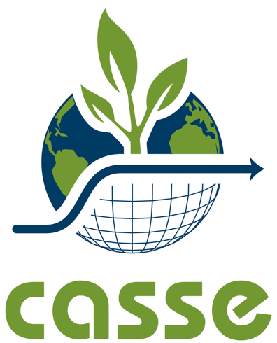 Logo is a circle divided by a curved arrow. Above the arrow is the earth and below it is a grid, like a chart. A plant sprouts out of the arrow.