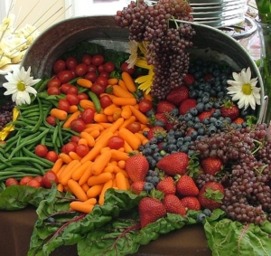 image of a basin full of colorful fruits and vegetables