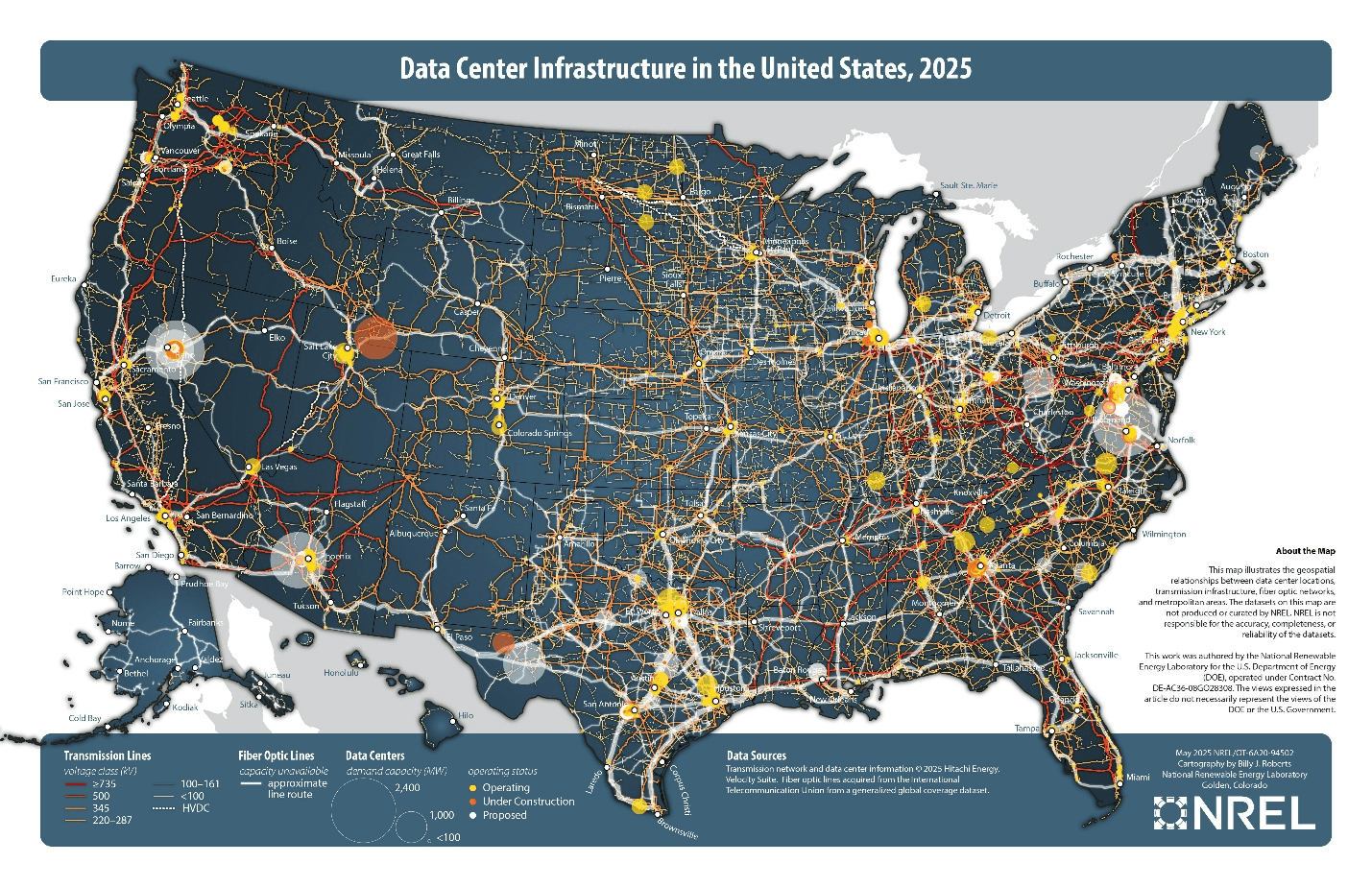A map of the U.S. created by the NREL, the National Renewable Energy Laboratory, showing the geospatial relationship between data center infrastructure including transmission lines, fiber optic lines, data centers, and major metropolitan areas.