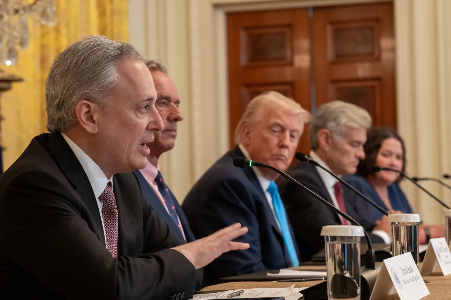 Five people sit at a table with microphones in front of them, as the first, David Sacks, speaks.
