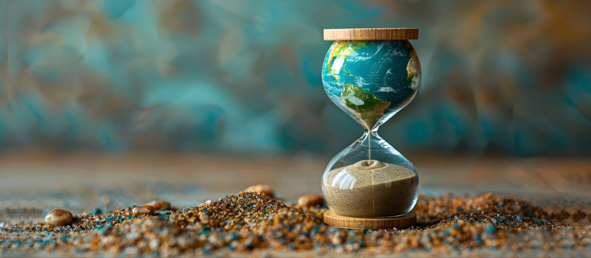 An hourglass with the earth in the top part and sand falling into the bottom part.