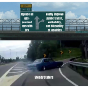 Meme of a car taking an exit ramp last minute with the straight ahead sign reading "replace all gas-powered cars with EVs" and the exit sign reading "vastly improve public transit, walkability, and bikability of localities" with the car itself labeled as "steady staters."