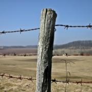 A fence post in the foreground holding barbed wire stretched in either directions and midwest plains in the background.