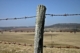 A fence post in the foreground holding barbed wire stretched in either directions and midwest plains in the background.