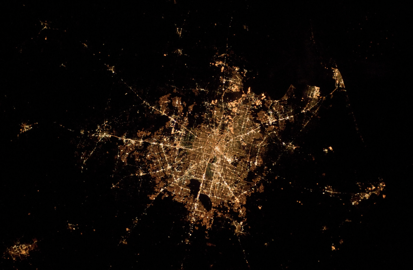 NASA satellite image of Houston, Texas lit up at night