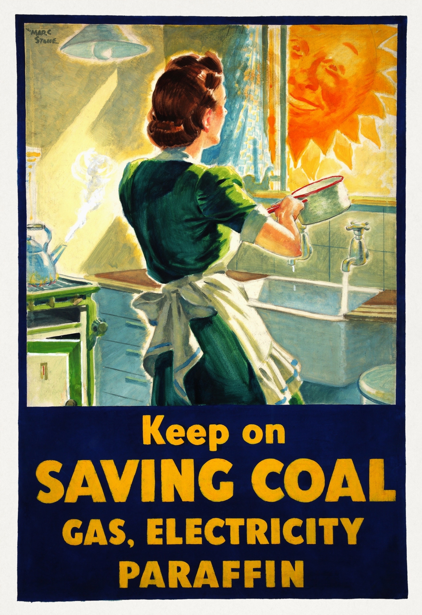 An old-fashioned advertisement showing a woman washing a pot, with a tea kettle steaming on a gas stove next to her.