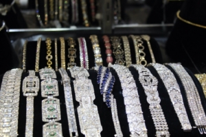 Jewel-encrusted bracelets on display.