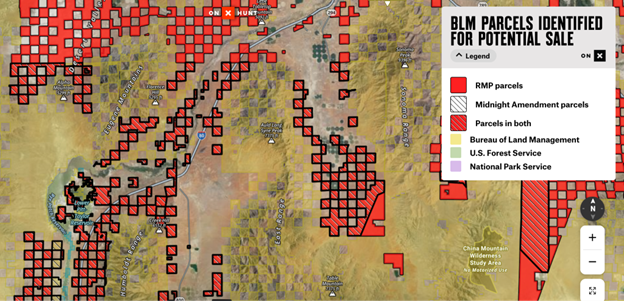 A snapshot of Northern Nevada showing a checkerboard of private ownership, ownership by the BLM, and parcels for potential sale by the BLM.