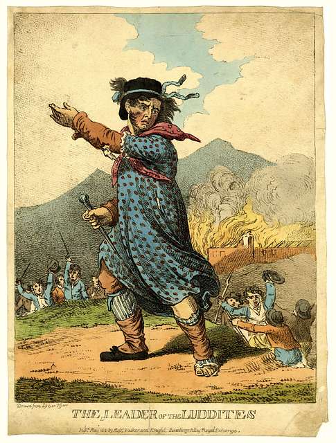 And old-looking piece of art depicting a man holding a sword and gesturing to a crowd of people behind him with raised weapons and fire raging in the background.
