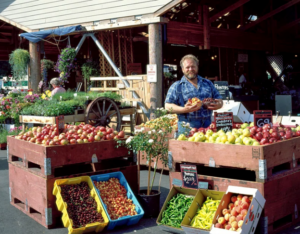 Man standing in a farmers' market, surrounded by cases of fruits and vegetables.