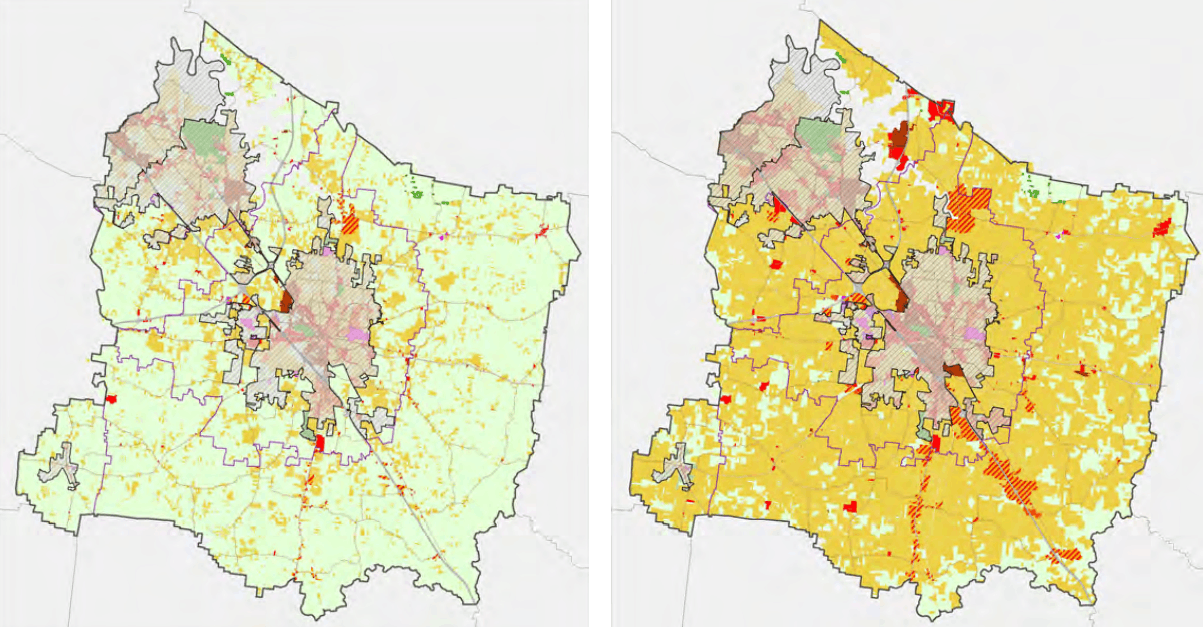 In the 2035 projection, most of the county is covered in residential developments.