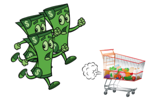 Three animated dollar bills chasing a runaway shopping cart full of goods.