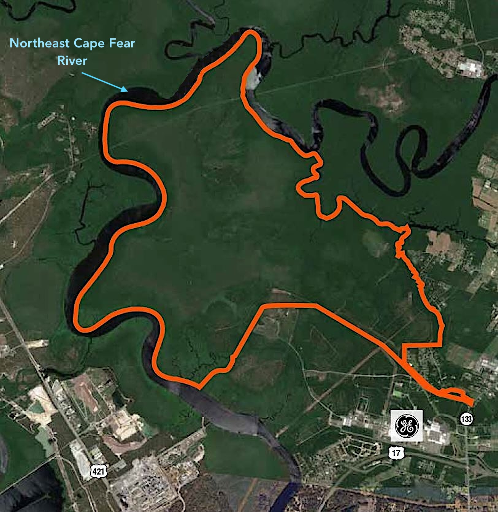 Sledge Forest is all green and undeveloped, bordered by rivers and streams, with development to the south, including the GE Hitachi facility to the southeast.