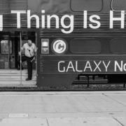 Photo of a bus advertising the new Galaxy Note II phone, claiming that "The Next Big Thing Is Here."