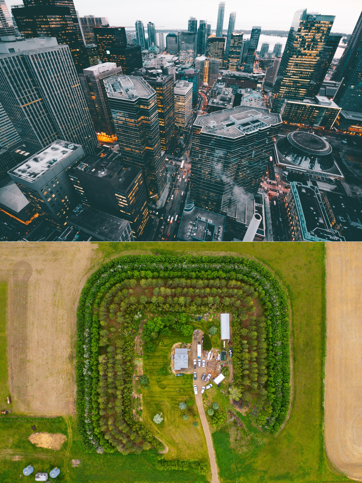 Aerial views of a dense city full of skyscrapers (top) and a permaculture farm (bottom).
