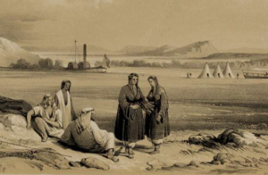 drawing of traders in Euphrates River Valley trading agricultural surplus, the origin of money