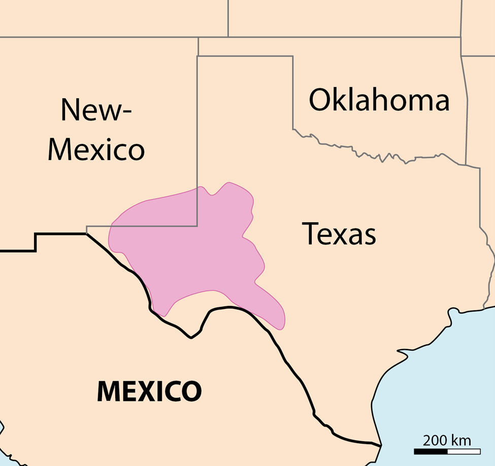 Map of southwestern U.S. showing the Permian Basin in red.