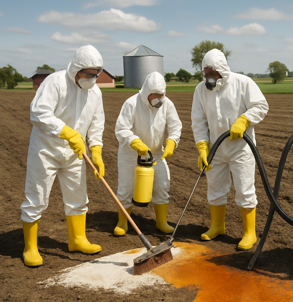 Four people wearing white hazmat suits and masks and yellow gloves and boots either apply or clean up some substances on a farm field.