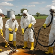 Four people wearing white hazmat suits and masks and yellow gloves and boots either apply or clean up some substances on a farm field.