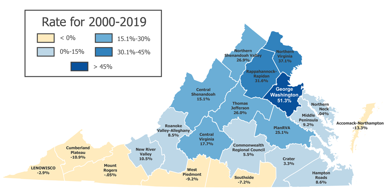 Planning districts with a less than zero percent growth rate are shown in apricot. The rest are shown in blue, with districts with higher population growth rates shown in darker blue.