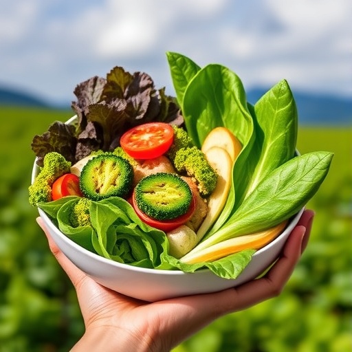 hand holding up a bowl full of fresh looking vegetables