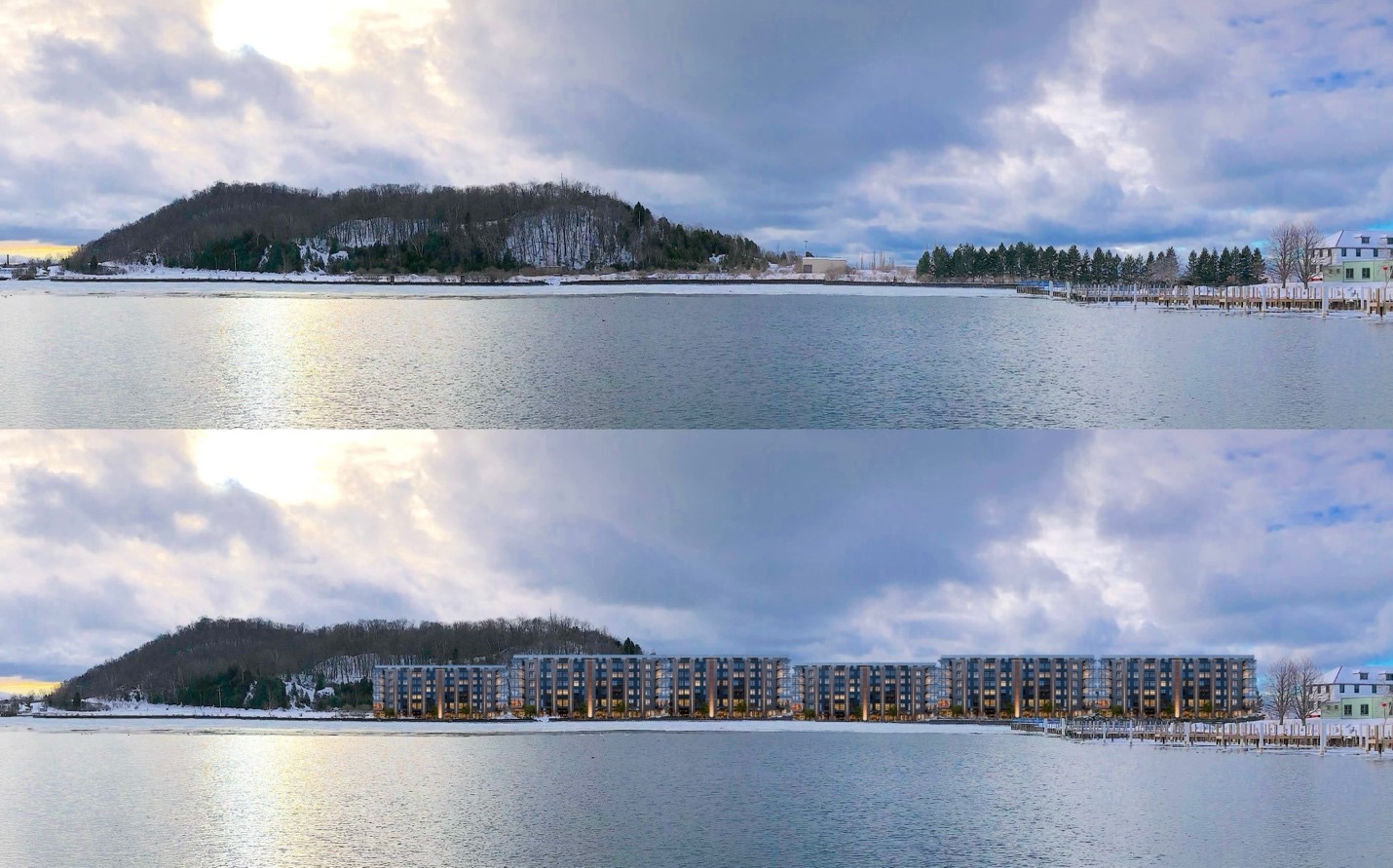 Top shows a largely undeveloped waterfront with a large dune. Bottom shows the same image, but with a huge resort complex on the coast.