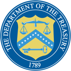 Seal of the Department of the Treasury, largely in blue but with a gold crest in the middle. 