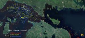 image of a map of a simulated oil spill between the Upper and Lower Peninsulas of Michigan.