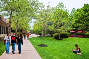 students on a walkway with a school to the left and a lawn to the right