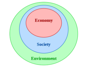 Drawing of the relationship of the economy (represented by a circle) set inside society (a larger circle) set inside the environment (the largest circle)